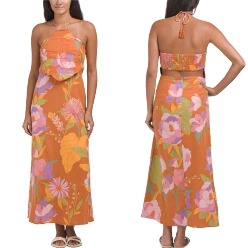 Caroline Constas orange floral flower print tropical halter midi maxi dress L